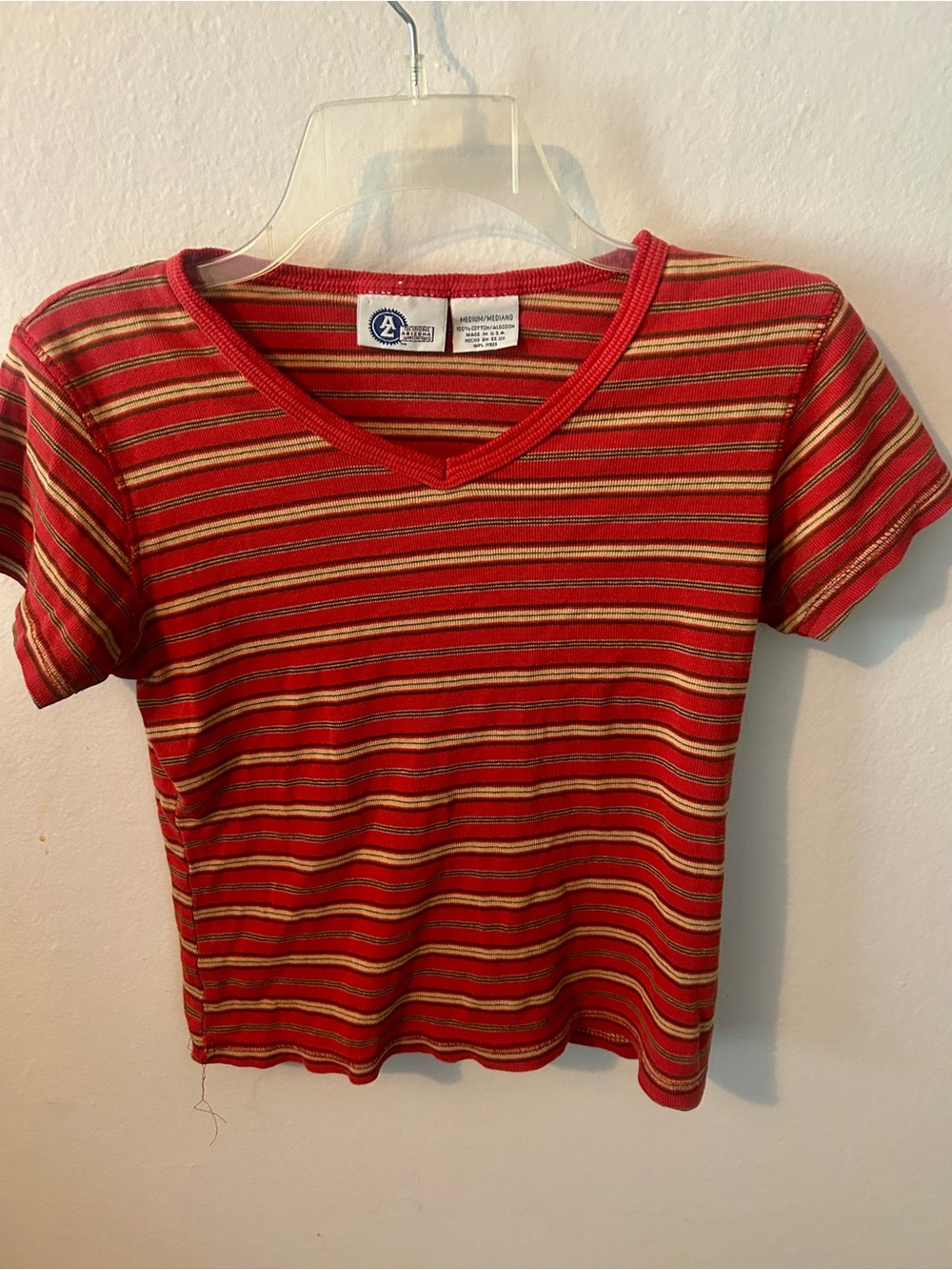 Women’s Red Striped V-Neck Short Sleeve Top Vintage Cropped
